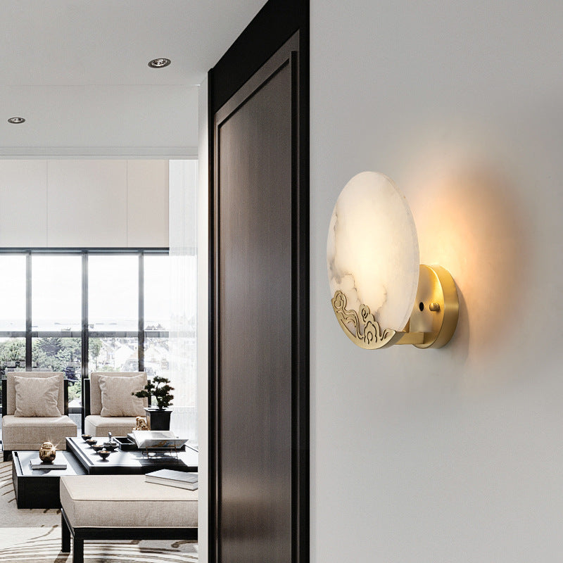 Chinese Round Copper Stone 1-Light Wall Sconce Lamp