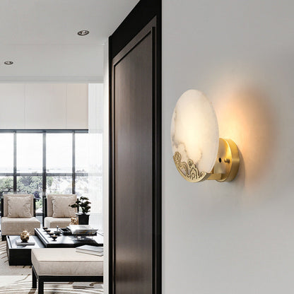 Chinese Round Copper Stone 1-Light Wall Sconce Lamp