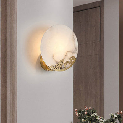 Chinese Round Copper Stone 1-Light Wall Sconce Lamp