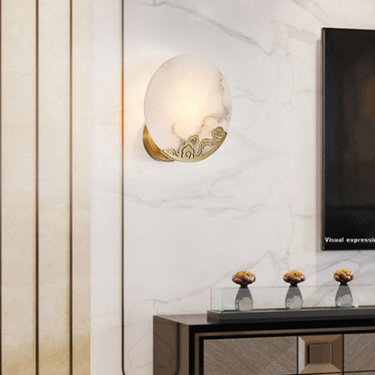 Chinese Round Copper Stone 1-Light Wall Sconce Lamp