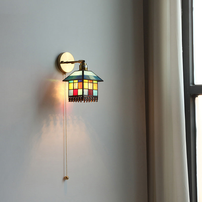 Japanese Rectangular Copper Glass 1-Light Wall Sconce Lamp