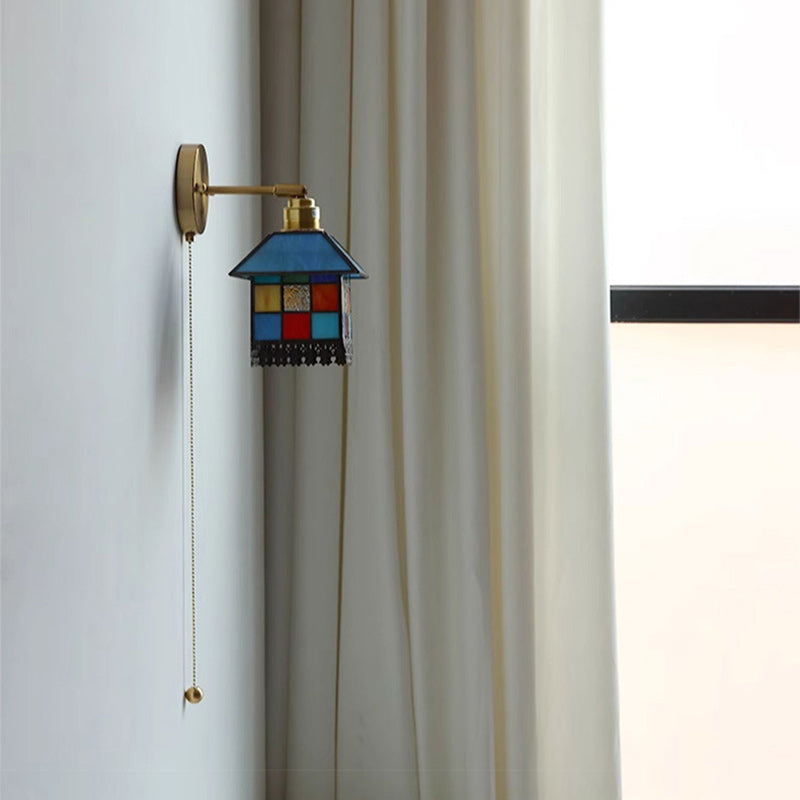 Japanese Rectangular Copper Glass 1-Light Wall Sconce Lamp