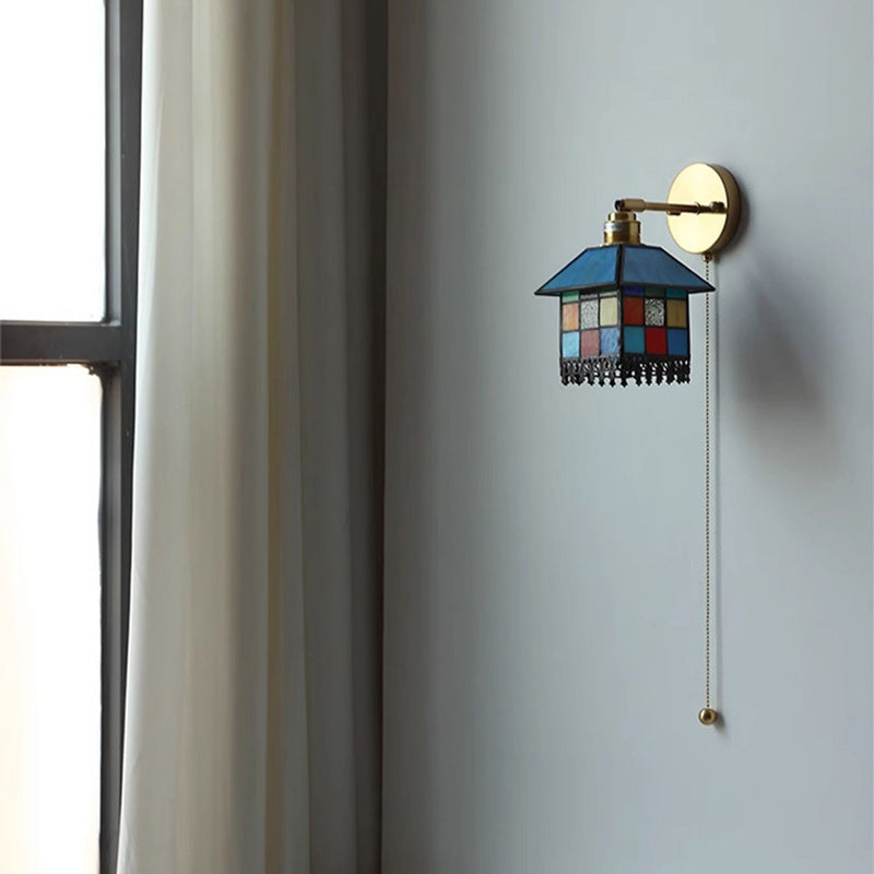 Japanese Rectangular Copper Glass 1-Light Wall Sconce Lamp