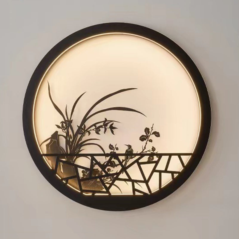 Traditional Chinese Round Iron Acrylic LED Wall Sconce Lamp