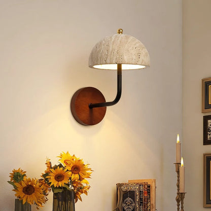 Nordic Round Wood Iron Stone 1-Light Wall Sconce Lamp