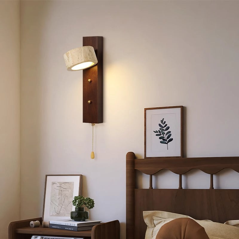 Nordic Round Wood Iron Stone 1-Light Wall Sconce Lamp