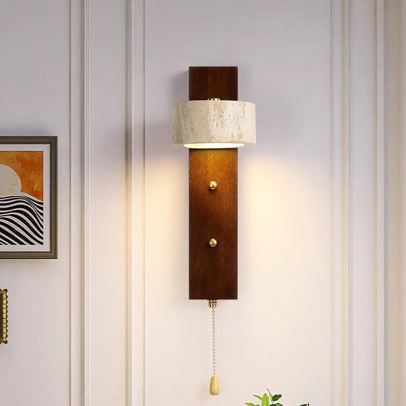 Nordic Round Wood Iron Stone 1-Light Wall Sconce Lamp