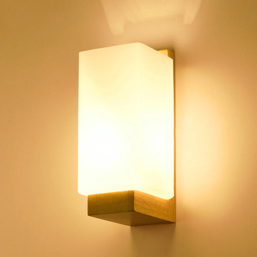 Nordic Rectangular Wood Glass 1-Light Wall Sconce Lamp