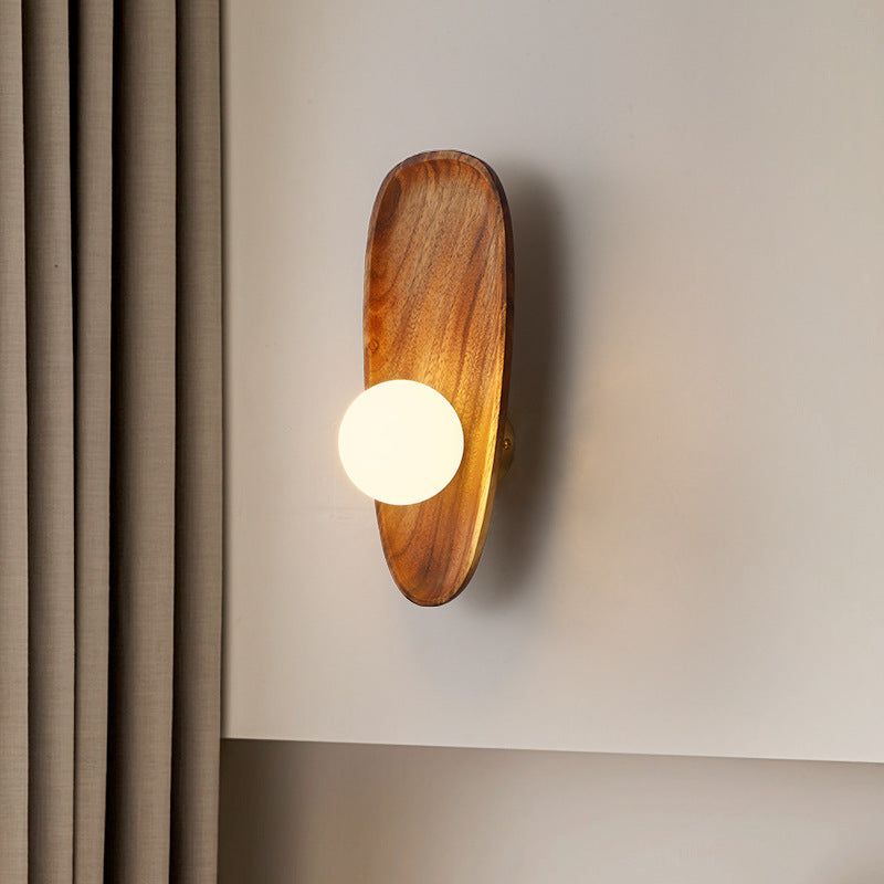 Traditional Japanese Oval Wood Glass LED Wall Sconce Lamp