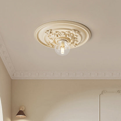 Traditional French Handmade Round Relief Resin Glass 1-Light Flush Mount Ceiling Light For Hallway