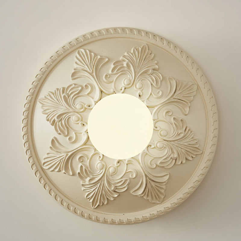 French Round Carved Resin Glass 1-Light Wall Sconce Lamp