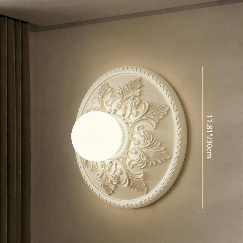 French Round Carved Resin Glass 1-Light Wall Sconce Lamp
