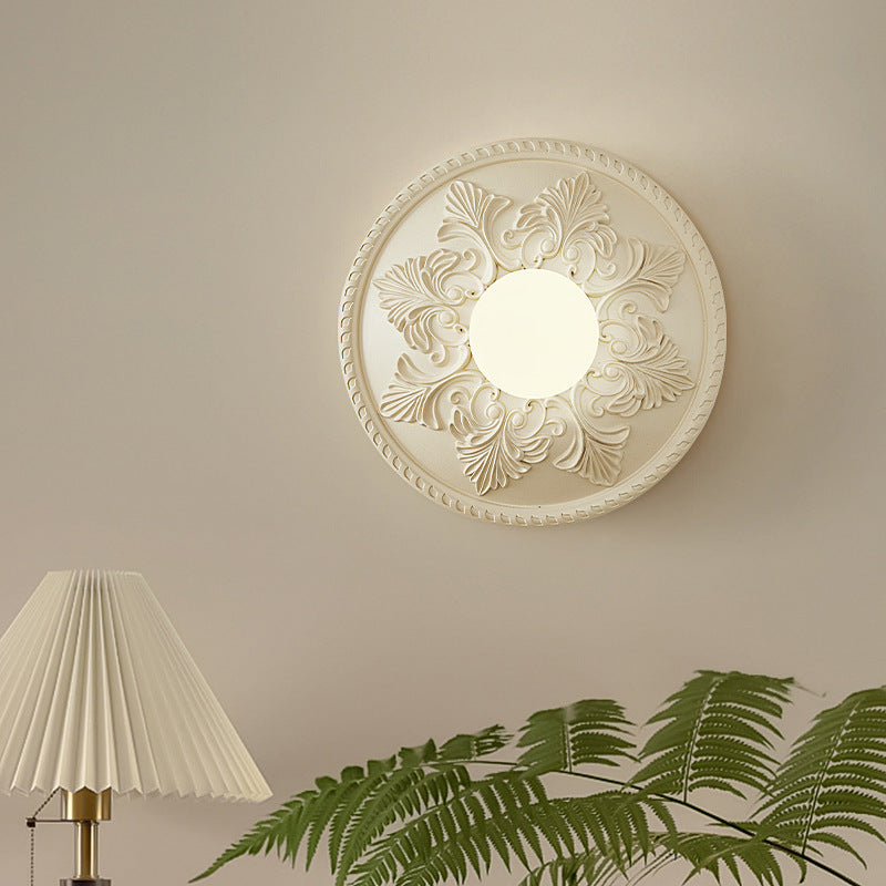 French Round Carved Resin Glass 1-Light Wall Sconce Lamp