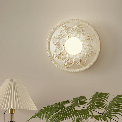 French Round Carved Resin Glass 1-Light Wall Sconce Lamp