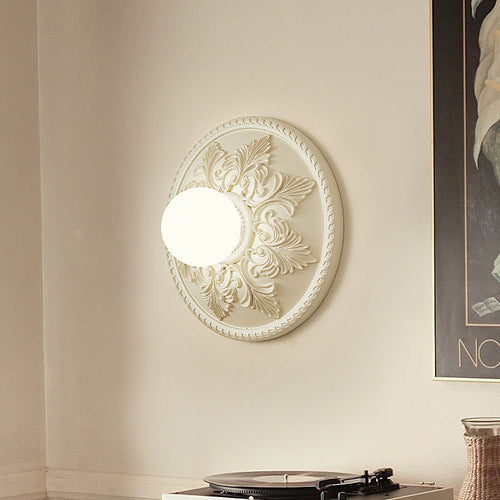 French Round Carved Resin Glass 1-Light Wall Sconce Lamp