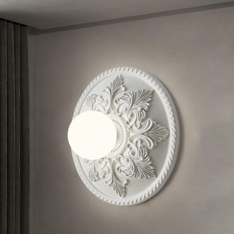 French Round Carved Resin Glass 1-Light Wall Sconce Lamp