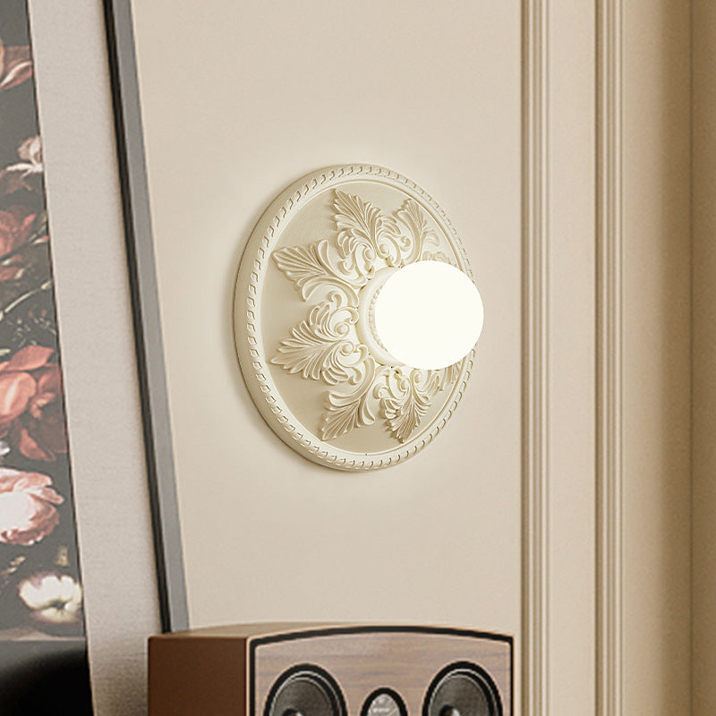French Round Carved Resin Glass 1-Light Wall Sconce Lamp