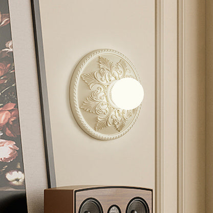 French Round Carved Resin Glass 1-Light Wall Sconce Lamp