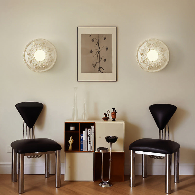 French Round Carved Resin Glass 1-Light Wall Sconce Lamp