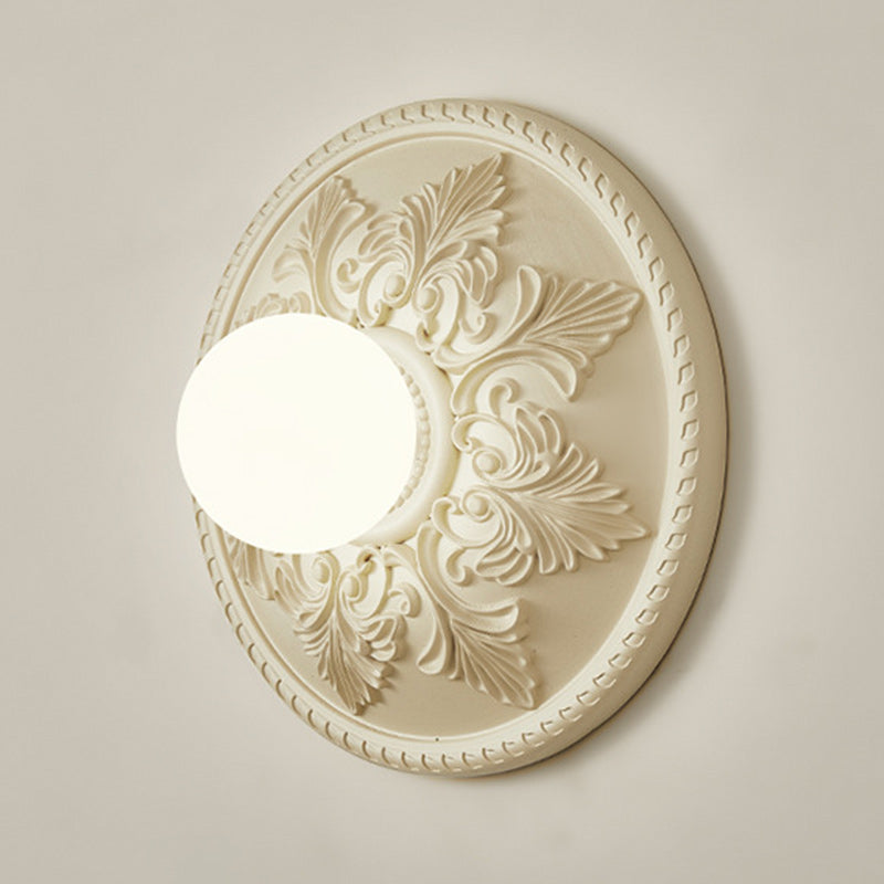 French Round Carved Resin Glass 1-Light Wall Sconce Lamp