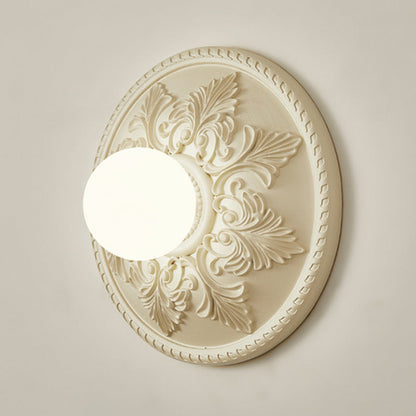 French Round Carved Resin Glass 1-Light Wall Sconce Lamp