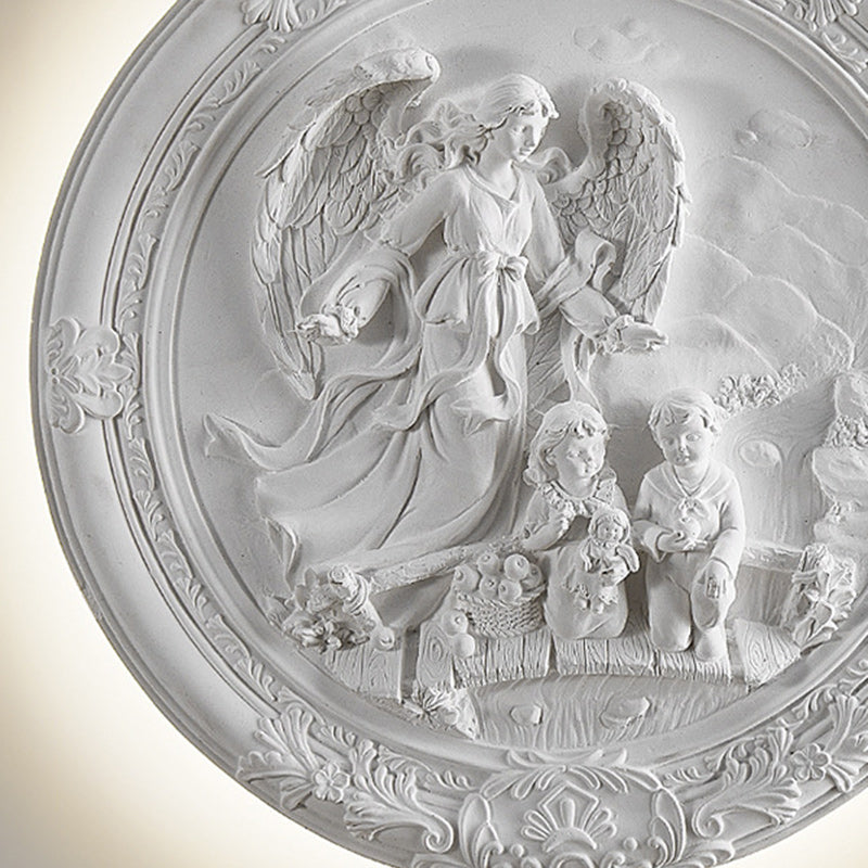 French Round Carved Angel Resin LED Wall Sconce Lamp