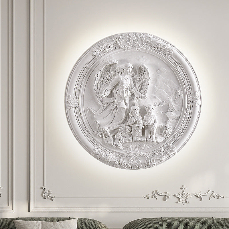 French Round Carved Angel Resin LED Wall Sconce Lamp