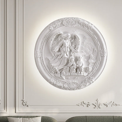 French Round Carved Angel Resin LED Wall Sconce Lamp