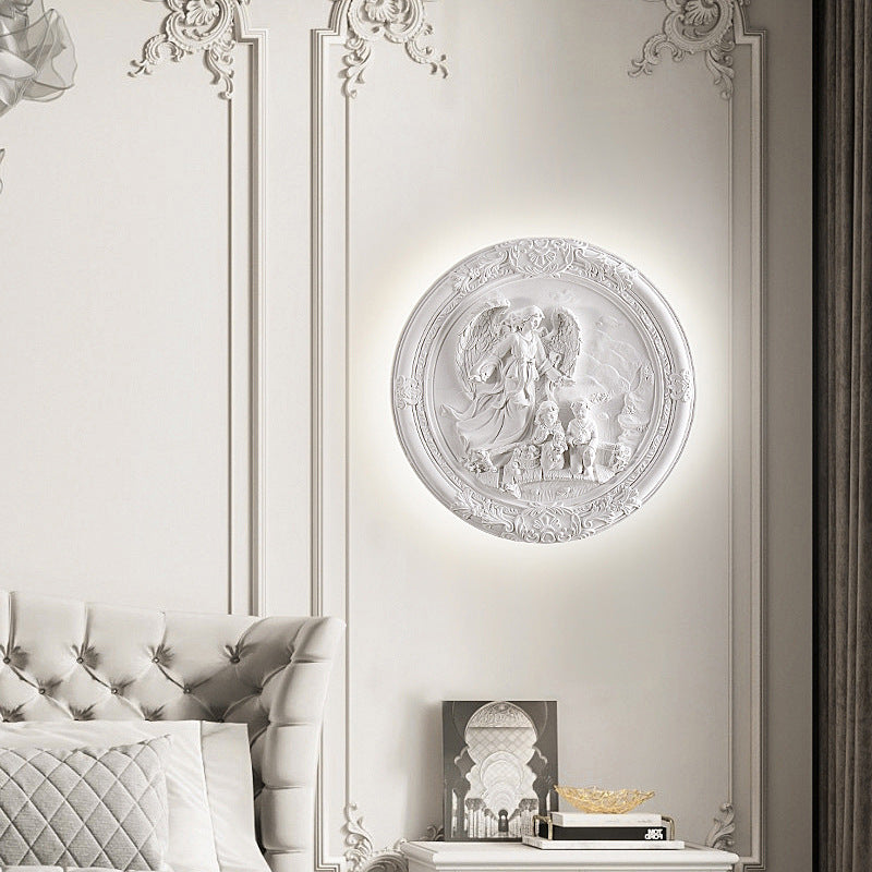 French Round Carved Angel Resin LED Wall Sconce Lamp