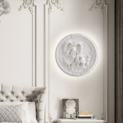 French Round Carved Angel Resin LED Wall Sconce Lamp