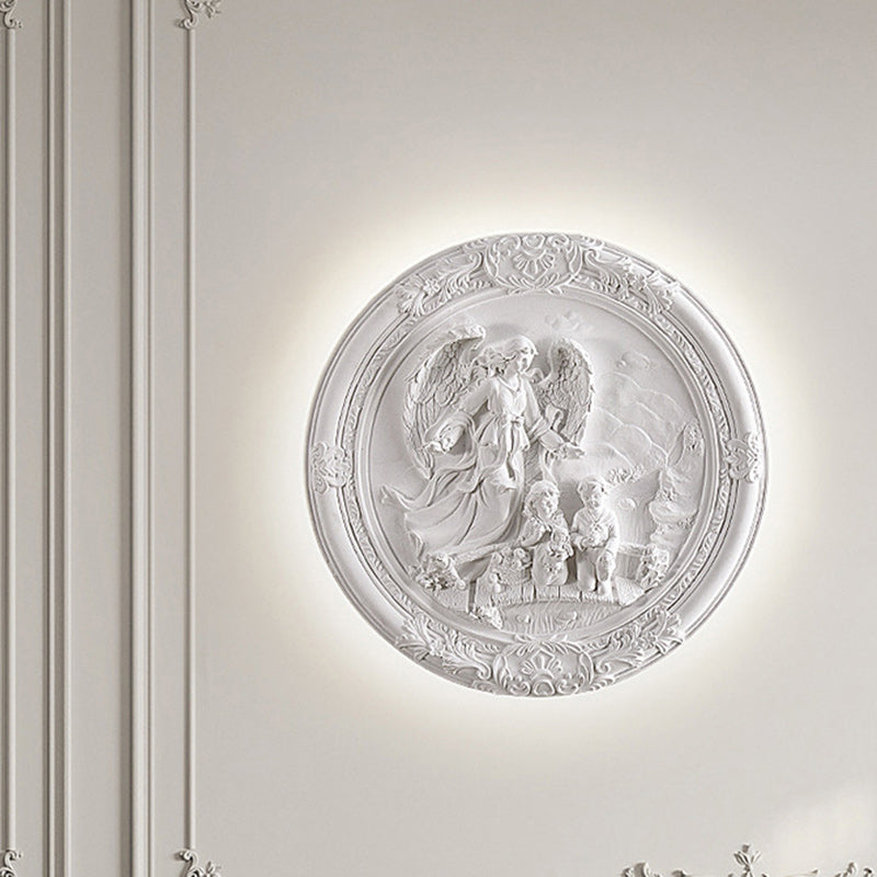 French Round Carved Angel Resin LED Wall Sconce Lamp