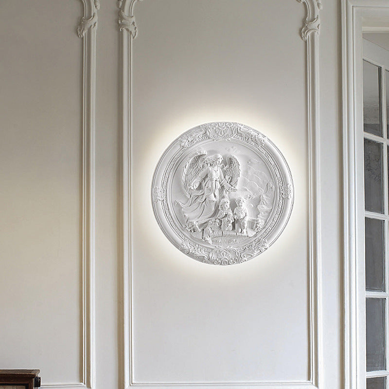 French Round Carved Angel Resin LED Wall Sconce Lamp