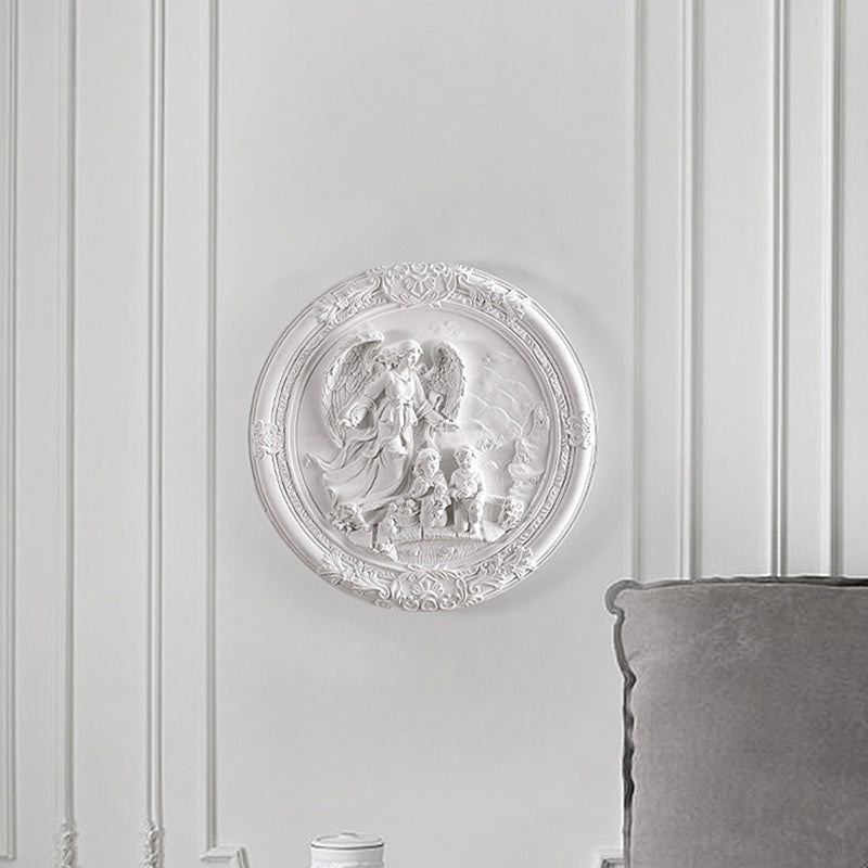 French Round Carved Angel Resin LED Wall Sconce Lamp