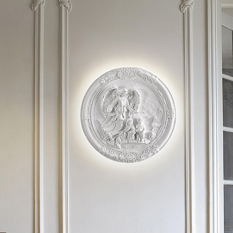 French Round Carved Angel Resin LED Wall Sconce Lamp