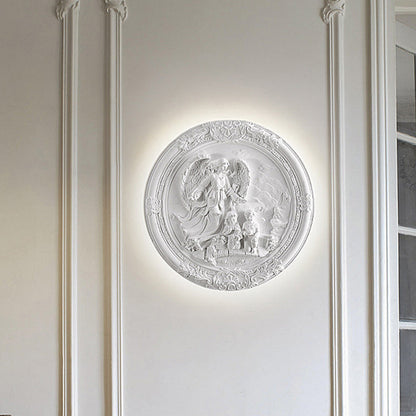 French Round Carved Angel Resin LED Wall Sconce Lamp