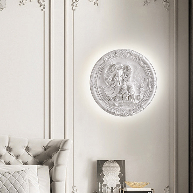 French Round Carved Angel Resin LED Wall Sconce Lamp