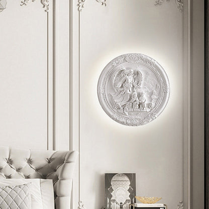 French Round Carved Angel Resin LED Wall Sconce Lamp