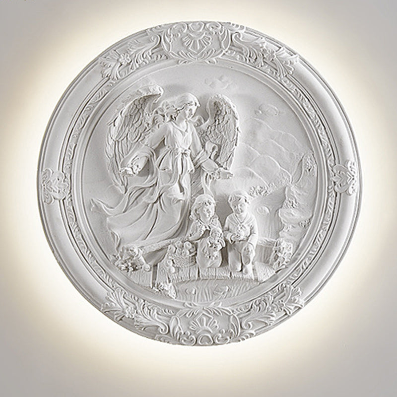 French Round Carved Angel Resin LED Wall Sconce Lamp