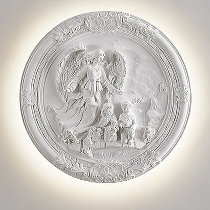French Round Carved Angel Resin LED Wall Sconce Lamp