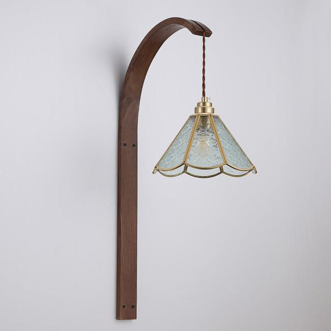 Flower Hammered Glass Shade Wood 1-Light Wall Sconce Lamp