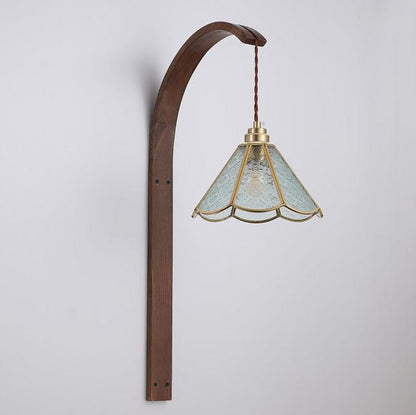 Flower Hammered Glass Shade Wood 1-Light Wall Sconce Lamp