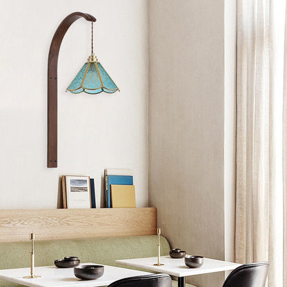 Flower Hammered Glass Shade Wood 1-Light Wall Sconce Lamp