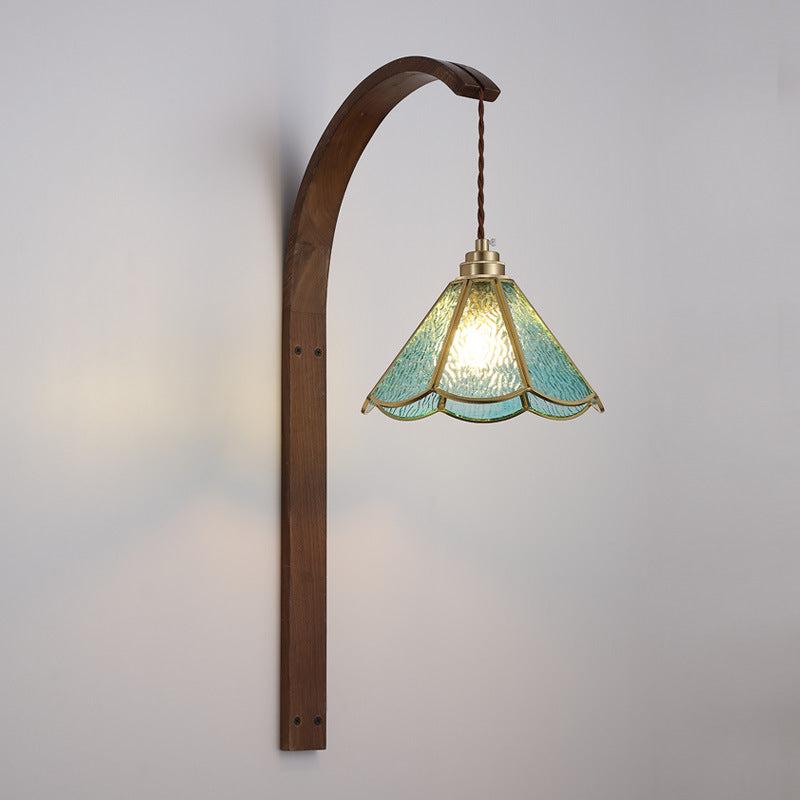 Flower Hammered Glass Shade Wood 1-Light Wall Sconce Lamp