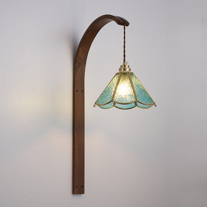Flower Hammered Glass Shade Wood 1-Light Wall Sconce Lamp
