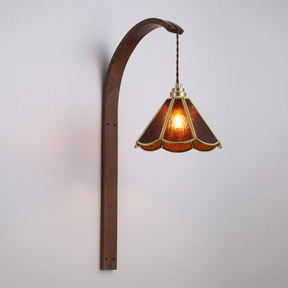 Flower Hammered Glass Shade Wood 1-Light Wall Sconce Lamp