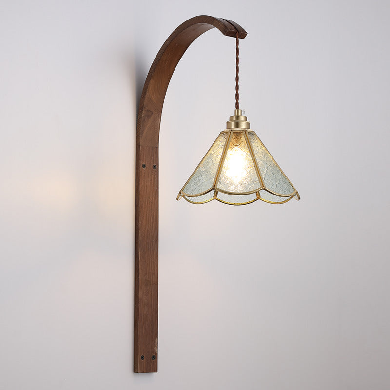 Flower Hammered Glass Shade Wood 1-Light Wall Sconce Lamp