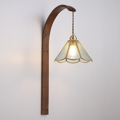 Flower Hammered Glass Shade Wood 1-Light Wall Sconce Lamp