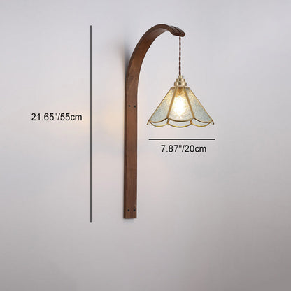Flower Hammered Glass Shade Wood 1-Light Wall Sconce Lamp