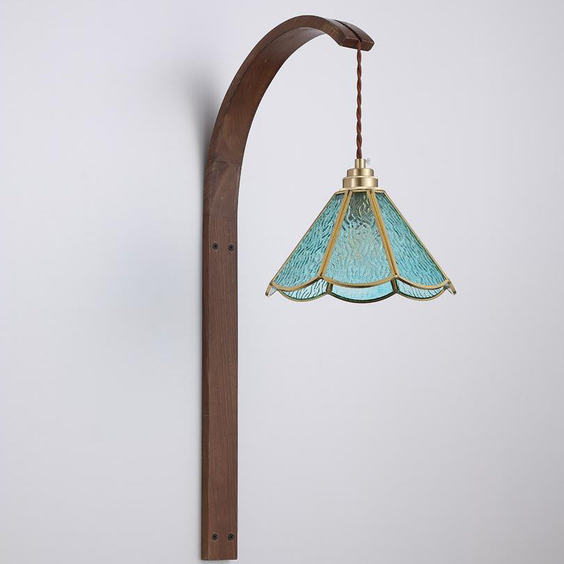 Flower Hammered Glass Shade Wood 1-Light Wall Sconce Lamp