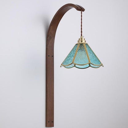 Flower Hammered Glass Shade Wood 1-Light Wall Sconce Lamp